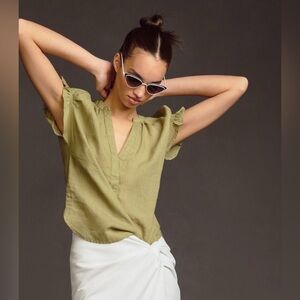 Anthropologie Pilcro The Tatum Flutter-Sleeve Blouse 100% Linen – Moss‎ – Size S
